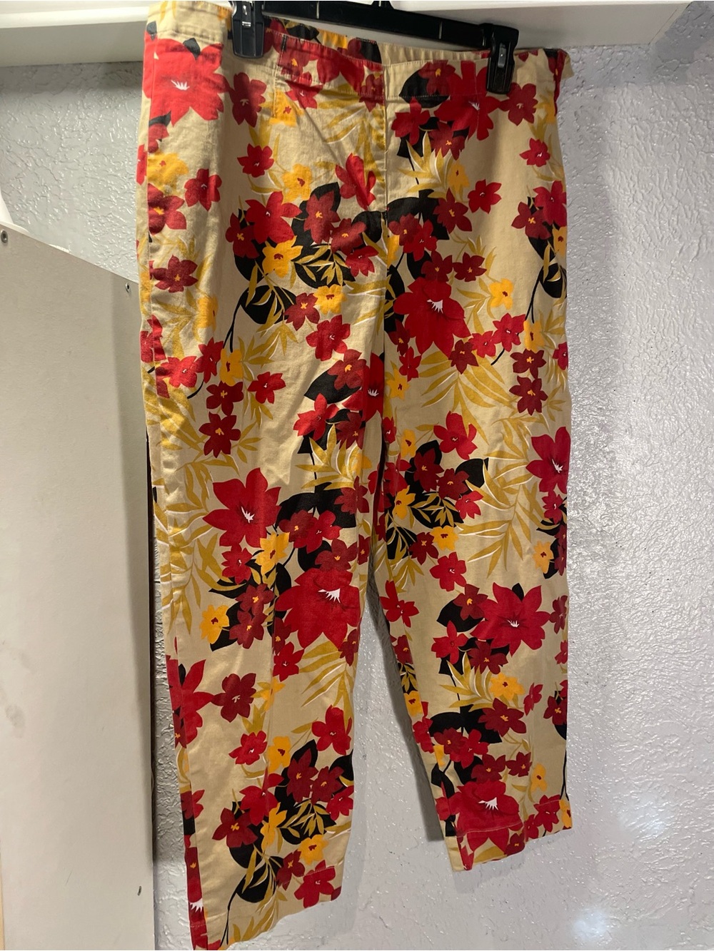 Susan Bristol Floral Print Beige Pants with Red & Mustard Accents